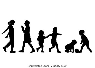 Silhouettes of kids playing isolated on white background