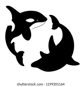 Silhouettes killer whales and dolphins spin in a circle. Vector illustration