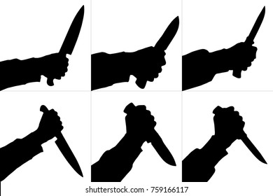 Silhouettes of killing knife in hand, isolated. Vector set.