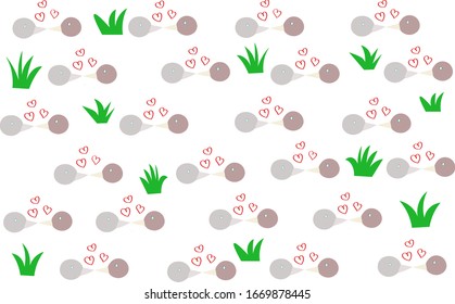 The silhouettes of kissing birds, green grass and red hearts pattern.