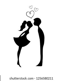 Silhouettes of kissing boy and girl. Kissing couple of young lovers . Romantic couple silhouette. Lovers woman and man kissing.