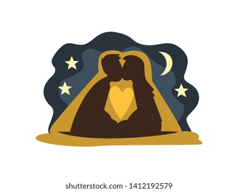 Silhouettes of Kissing Man and Woman Against Backdrop of Moon and Starry Sky, Happy Romantic Couple on Date, Happy Lovers Characters Vector Illustration