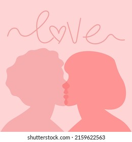 Silhouettes of kissing women. Girls in love. A lesbian couple. Love is love. Postcard, poster. Vector flat illustration