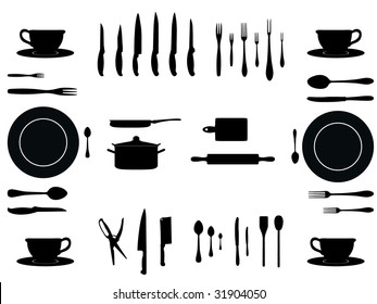 silhouettes of kitchen accessories, cutlery, various types of knives dishes...