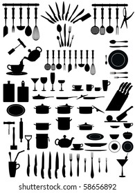 silhouettes of kitchen accessories, cutlery, various types of knives dishes...