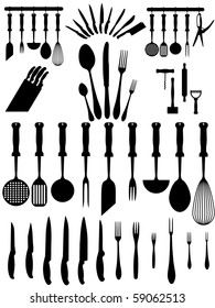 silhouettes of kitchen accessories, cutlery, various types of knives ...