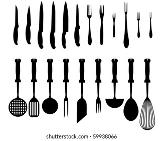 silhouettes of kitchen accessories,  various types of knives