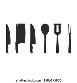 Silhouettes of kitchen accessories. Vector illustration. Set of black kitchen tools, isolated