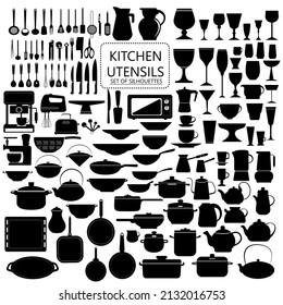 Silhouettes of kitchen utensils. Set of utensils in black and white.	