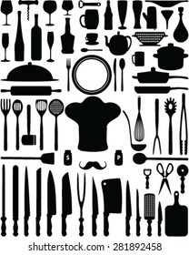 Silhouettes of kitchen utensils, vector, isolated, background, wallpaper, seamless, pattern