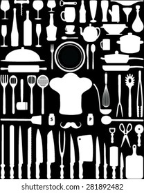 Silhouettes of kitchen utensils, vector, isolated, background, wallpaper, seamless, pattern