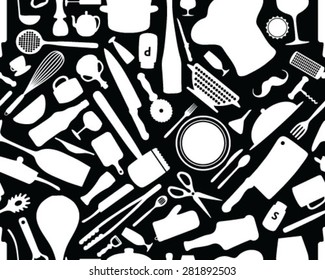 Silhouettes of kitchen utensils, vector, isolated, background, wallpaper, seamless, pattern