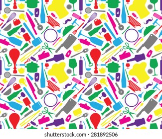 Silhouettes of kitchen utensils, vector, isolated, background, wallpaper, seamless, pattern