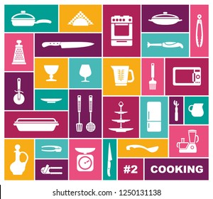 Silhouettes of kitchen ware and utensils. Flat icons