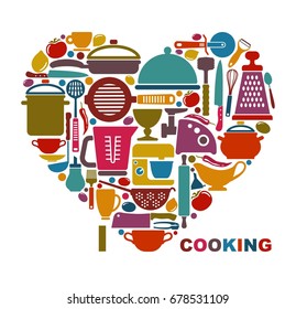Silhouettes of kitchen ware and utensils in the form of heart