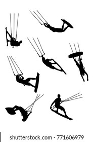 silhouettes of kitesurfers, kiteboarding, watersports