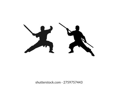Silhouettes of kungfu monk warriors practicing with sword and staff
