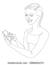 Silhouettes of a lady, she communicates on the phone in a modern one-line style. Solid line, aesthetic outline for home decor, posters, stickers, logo. Vector illustration.