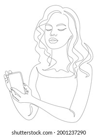 Silhouettes of a lady, she communicates on the phone in a modern one-line style. Solid line, aesthetic outline for home decor, posters, stickers, logo. Vector illustration.