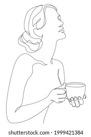 Silhouettes of a lady, she is holding a cup of coffee, tea in a modern one-line style. Solid line, aesthetic outline for home decor, posters, stickers, logo. Vector illustration.