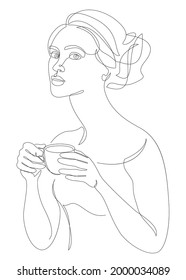Silhouettes of a lady, she is holding a cup of coffee, tea in a modern one-line style. Solid line, aesthetic outline for home decor, posters, stickers, logo. Vector illustration.