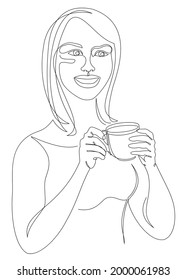 Silhouettes of a lady, she is holding a cup of coffee, tea in a modern one-line style. Solid line, aesthetic outline for home decor, posters, stickers, logo. Vector illustration.