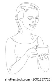 Silhouettes of a lady, she is holding a cup of coffee, tea in a modern one-line style. Solid line, aesthetic outline for home decor, posters, stickers, logo. Vector illustration.