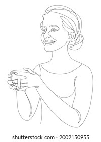 Silhouettes of a lady, she is holding a cup of coffee, tea in a modern one-line style. Solid line, aesthetic outline for home decor, posters, stickers, logo. Vector illustration.