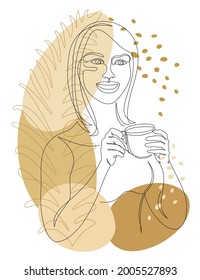 Silhouettes of a lady, she is holding a cup of coffee, tea and plant leaves in a modern one-line style. Solid line, aesthetic outline for home decor, posters, stickers, logo. Vector illustration.