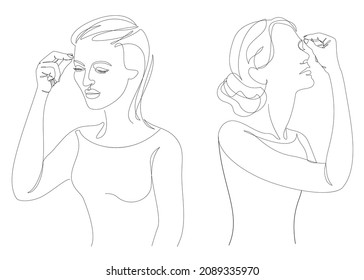 Silhouettes of lady, woman crosses her forehead in modern one line style. Continuous line drawing, aesthetic outline for home decor, posters, wall art, stickers, logo. Vector illustration.