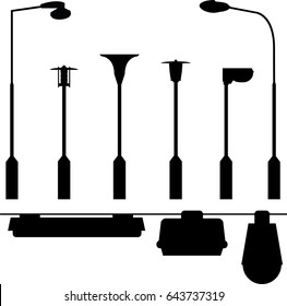 Silhouettes of lamps of different kinds of public lighting