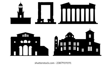 Silhouettes of landmarks in Greece include Acropolis in Athens, Akrotiri Lighthouse  Santorini, Apollo Temple  Naxos, Church Panagia Ekatontapiliani  Paros, Hosios Loukas Monastery.