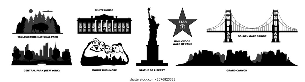 Silhouettes of landmarks of the USA. Vector set