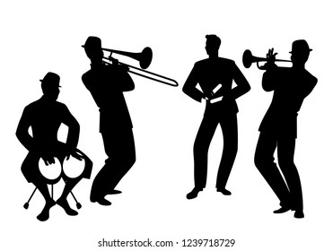 Silhouettes of Latin band. Four Latin musicians playing bongos, trumpet, claves and trombone.