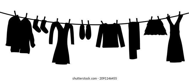 Silhouettes of laundry on rope isolated on white background. Various clothes hanging on clothesline. Clean apparel drying on line. Washingline with dresses monochrome icon. Stock vector illustration