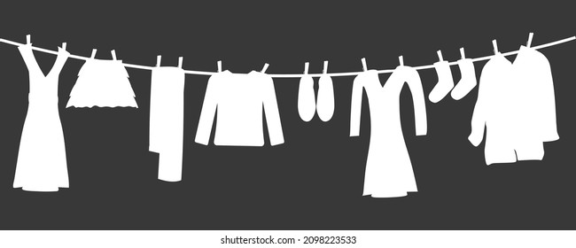 Silhouettes of laundry on rope isolated on grey background. Various clothes hanging on clothesline. Clean apparel drying on line. Washingline with dresses monochrome icon. Stock vector illustration