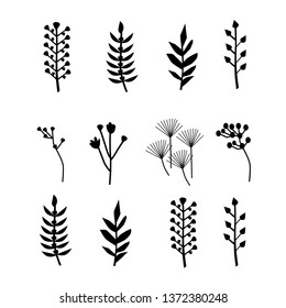 Silhouettes leaves Collection in  black color isolated on white background. Illustration about tropical palm leaves.