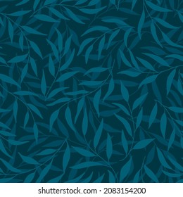 Silhouettes of leaves olive seamless pattern. Vector hand drawn illustration in simple scandinavian doodle cartoon style. Isolated blue branches on a dark blue background