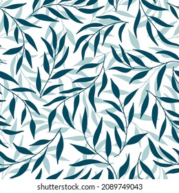 Silhouettes of leaves olive seamless pattern. Vector hand drawn illustration in simple scandinavian doodle cartoon style. Isolated blue branches on a white background