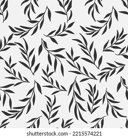 Silhouettes of leaves olive seamless pattern. Vector hand drawn illustration in doodle style. Isolated black branches on a white background.