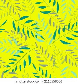 Silhouettes of leaves on a yellow background. Seamless pattern of forest leaves, on an isolated background.
