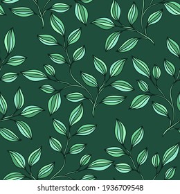 Silhouettes leaves seamless pattern. Hand drawn illustration in simple scandinavian doodle cartoon style.  