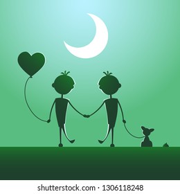 Silhouettes of LGBT couple walking in the moonlight.