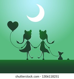 Silhouettes of LGBT couple walking in the moonlight.