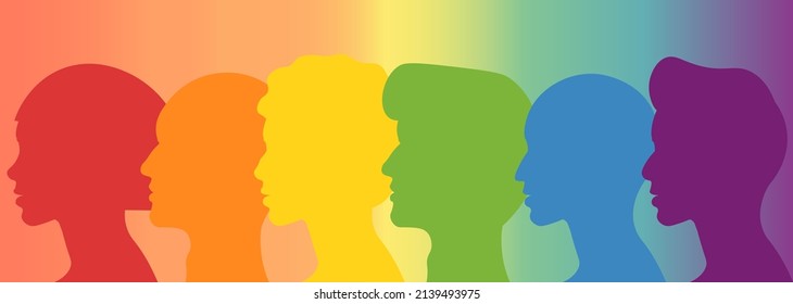 Silhouettes of LGBTQ+ people. Rainbow banner, color gradient. Pride Month. Conceptual vector flat illustration