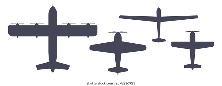 Silhouettes of light single-engine aircraft, a glider, and a heavy propeller-driven bomber. Flat vector illustration isolated on white background.