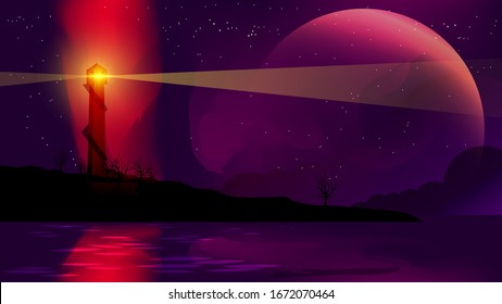siluetas de faro y árboles secos en la orilla junto al mar, en el fondo del cielo estrellado nocturno con una gran luna. paisaje marino nocturno. dibujo del autor. vectorial