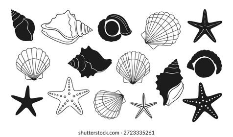 Silhuetas e desenhos de linha de várias conchas, estrelas-do-mar e caracóis marinhos dispostos em um fundo plano.