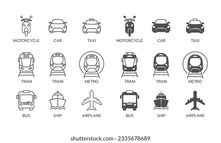 Silhouettes and line icons set transport. Sign for public transport symbol. Vector illustration.