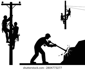 Silhouettes of linemen working on electrical utility power poles